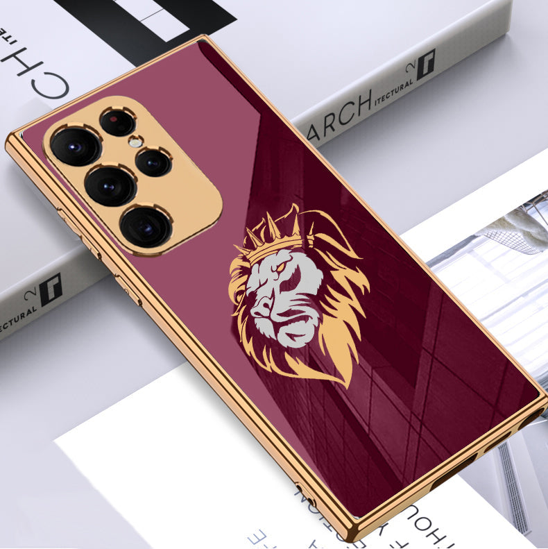 Luxury Premium Glass Lion Back Case With Golden Edges For Samsung S22 Ultra