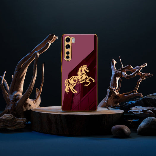 Luxury Horse Pattern Glass Back Case With Golden Edges For Oneplus Nord