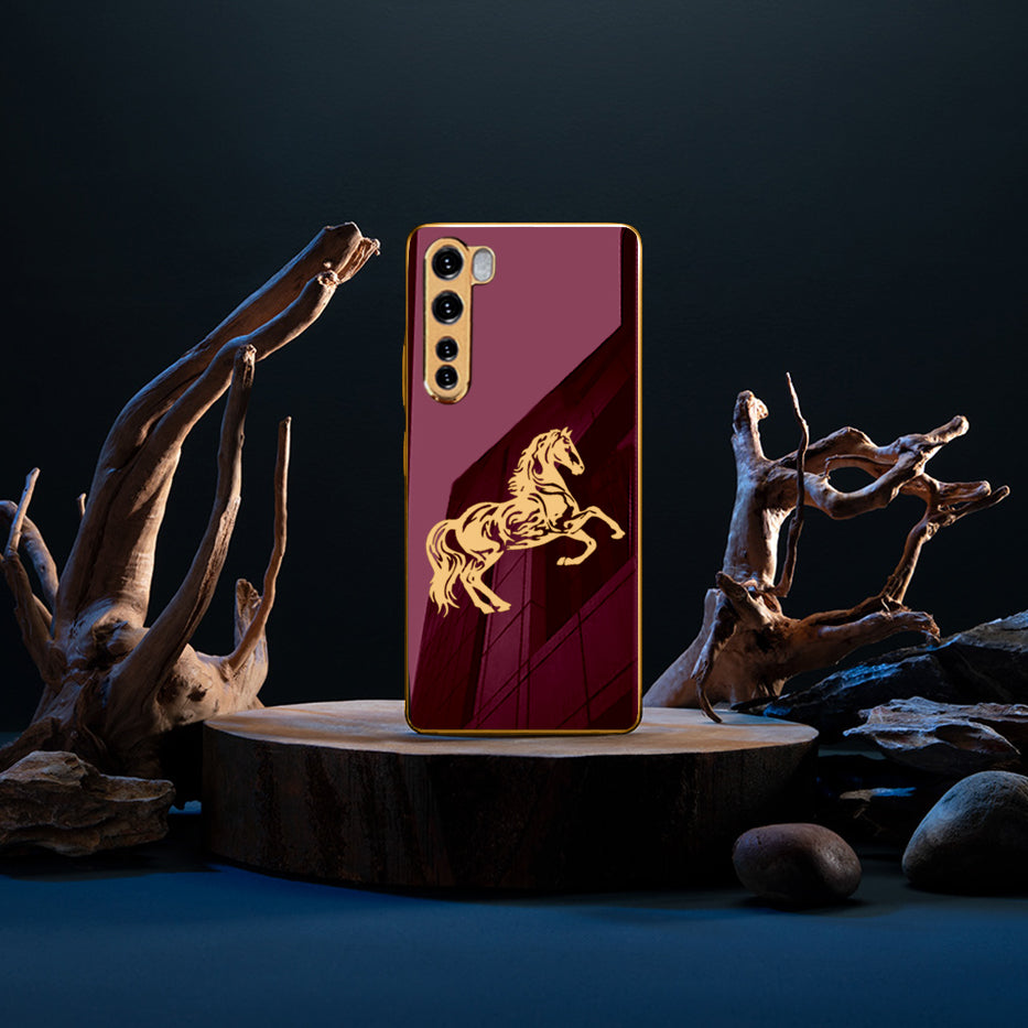 Luxury Horse Pattern Glass Back Case With Golden Edges For Oneplus Nord