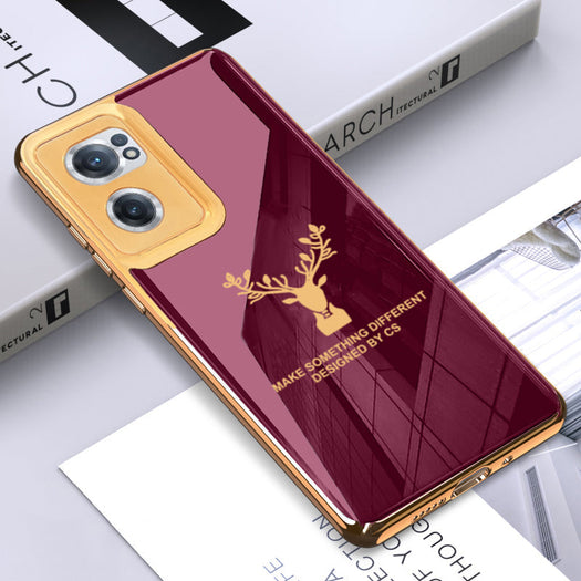 Premium Luxury Deer Pattern Electroplated Glass Back Case With Golden Edges For OnePlus Nord Ce 2