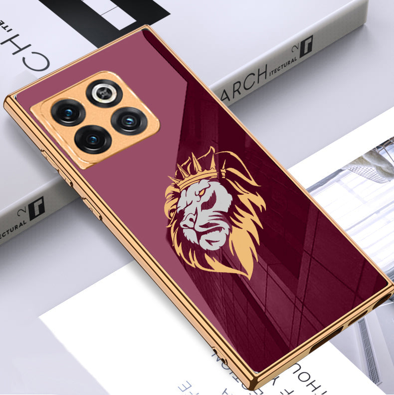 Luxury Premium Glass Lion Back Case With Golden Edges For Oneplus