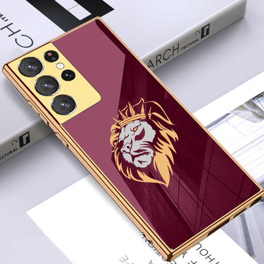 Luxury Premium Glass Lion Back Case With Golden Edges For Samsung S21 Ultra