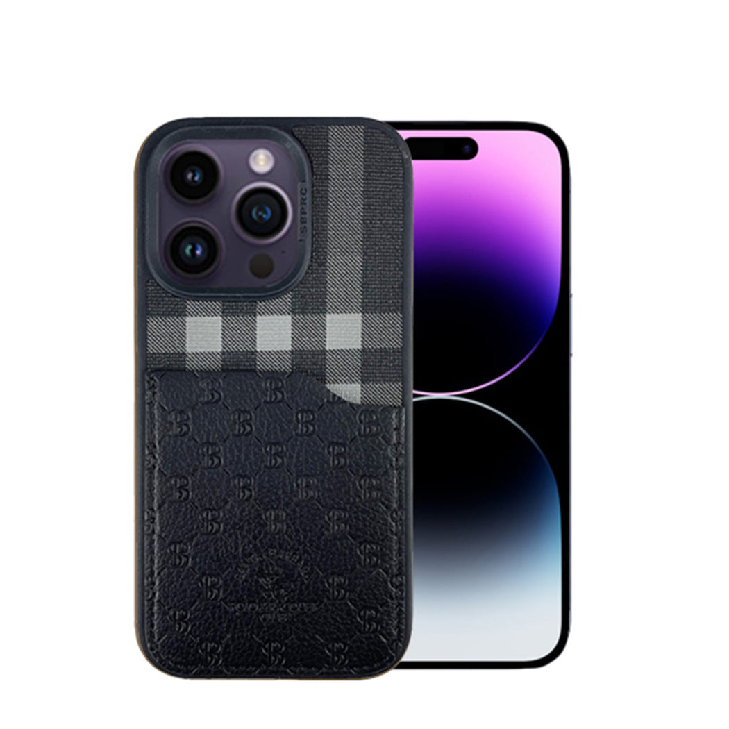 Santa Barbara Classic Plaid Series Genuine Leather Black Case For iPhone 14