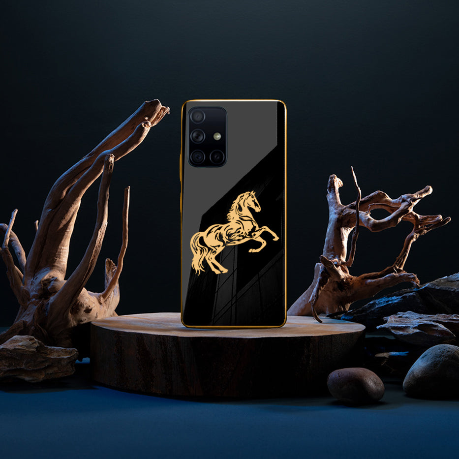 Luxury Horse Pattern Glass Back Case With Golden Edges For Samsung A71