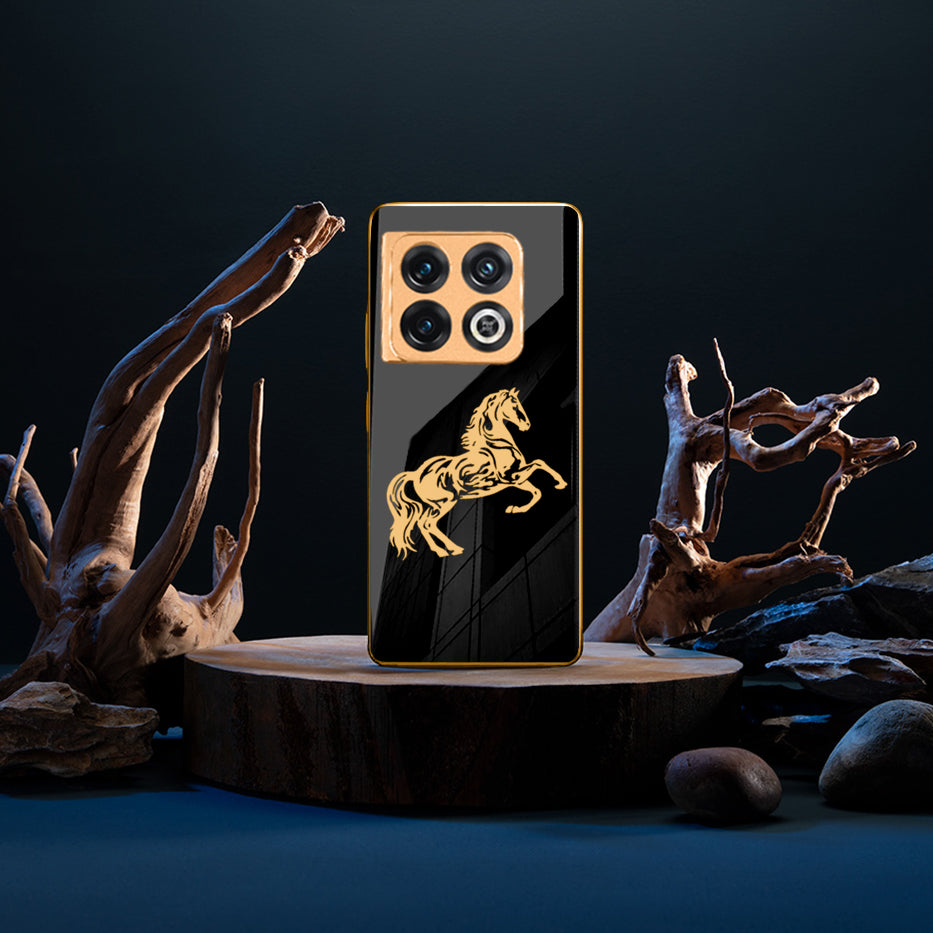 Luxury Horse Pattern Glass Back Case With Golden Edges For Oneplus