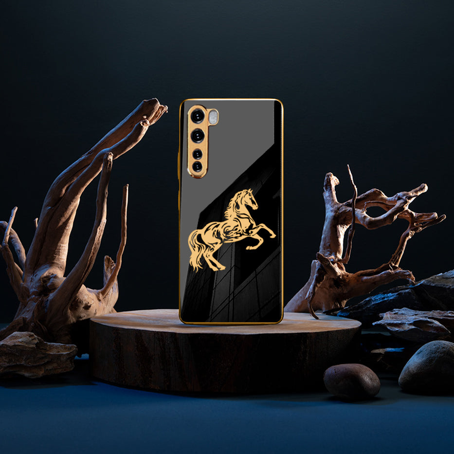 Luxury Horse Pattern Glass Back Case With Golden Edges For Oneplus Nord