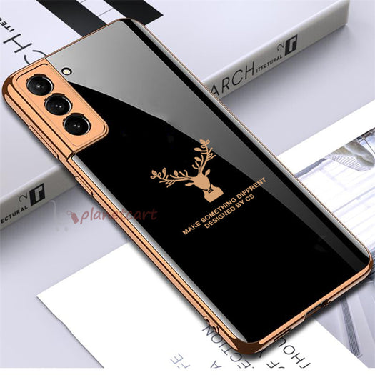 Luxury Golden Edges Deer Pattern Glass Back Case For Samsung Galaxy S21 - Premium Cases