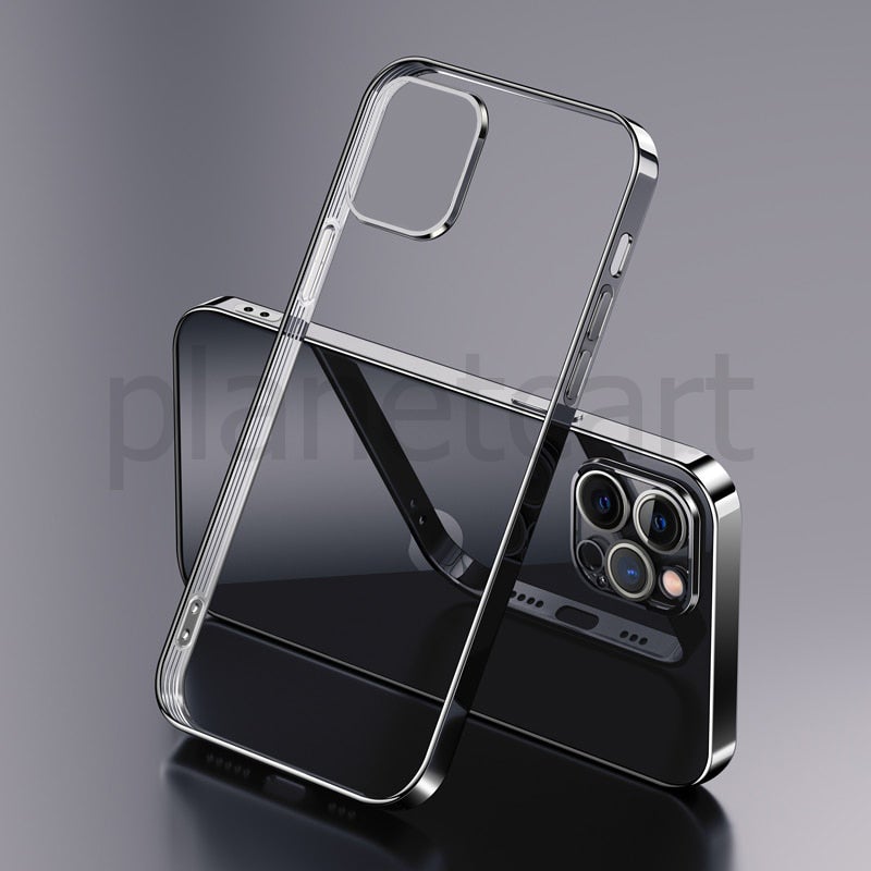 Premium Glossy Look Square Silicon Clear Black Case For iPhone 13 Pro - planetcartonline