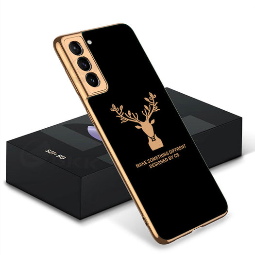 Luxury Golden Edges Deer Glass Back Case For Samsung Galaxy S21 Plus - Premium Cases