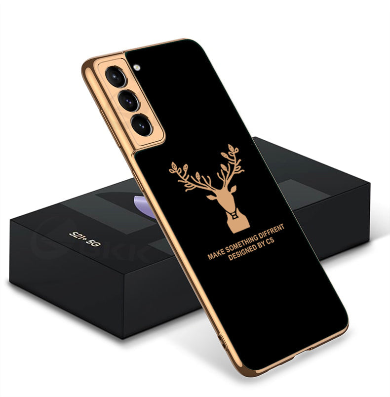 Luxury Golden Edges Deer Glass Back Case For Samsung Galaxy S21 Plus - Premium Cases