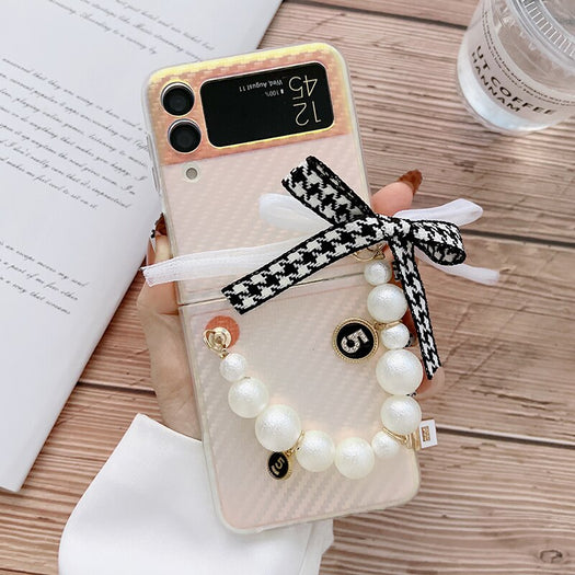 Premium luxury Cute Pearl Hand Chain Pendant Hard Laser Phone Case for Samsung Galaxy Z Flip 3