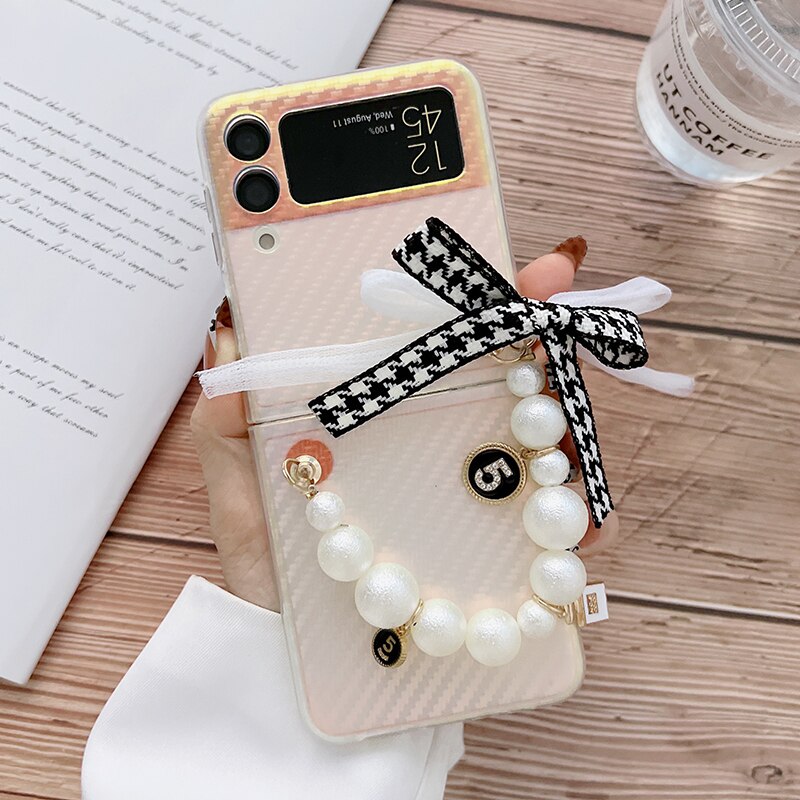 Premium luxury Cute Pearl Hand Chain Pendant Hard Laser Phone Case for Samsung Galaxy Z Flip 3
