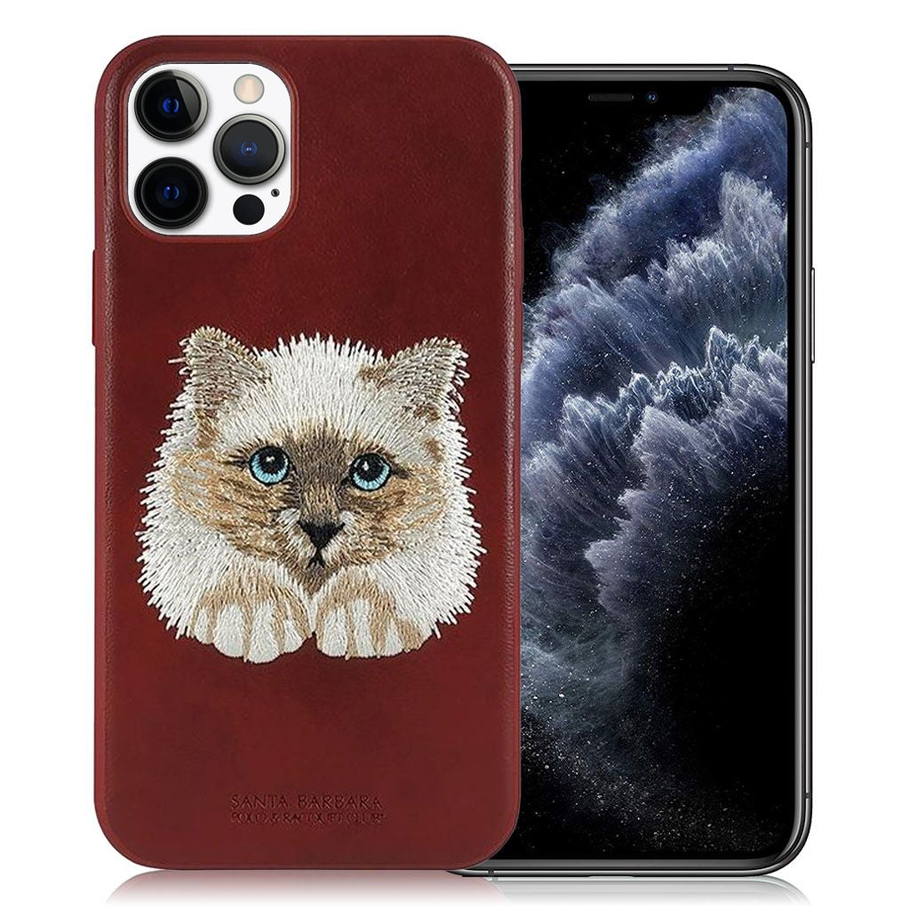 Santa Barbara Savana Series Cat Emboidery Genuine Leather Case For iPhone 13 Pro - planetcartonline