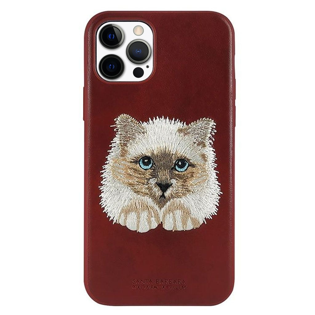Santa Barbara Savana Series Cat Emboidery Genuine Leather Case For iPhone 13 Pro Max - planetcartonline