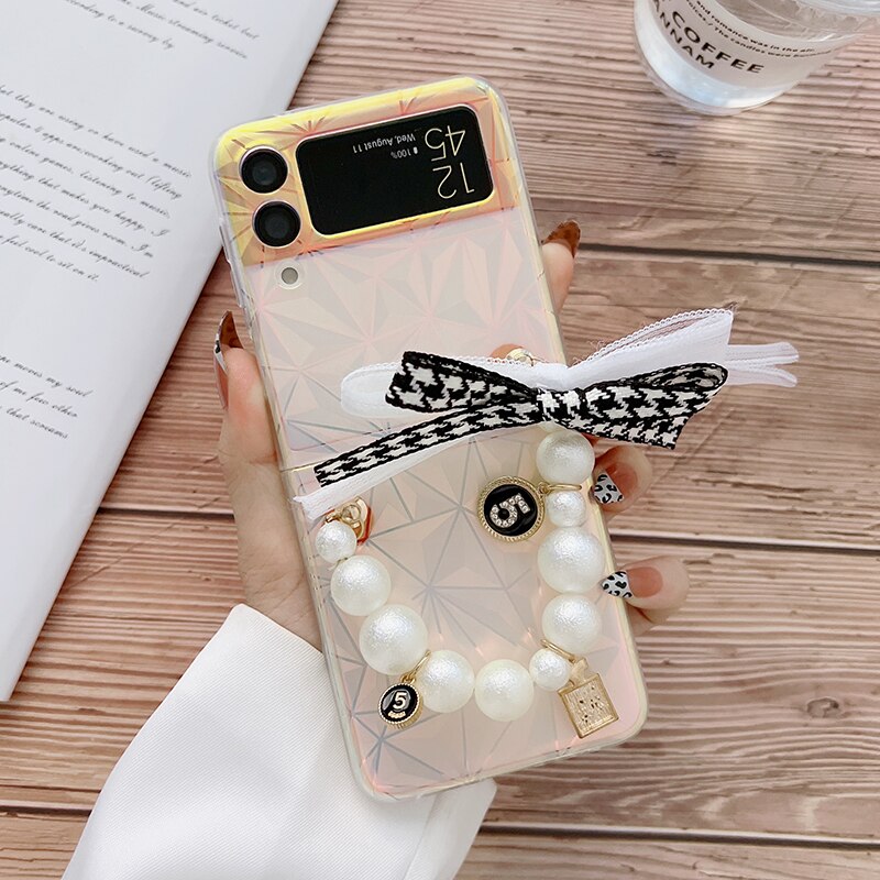 Premium luxury Cute Pearl Hand Chain Pendant Hard Laser Phone Case for Samsung Galaxy Z Flip 3