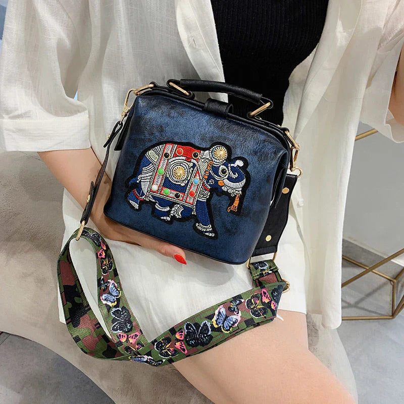 Luxury Vintage Embroidery Elephant Wide Butterfly Strap Women's Handbags