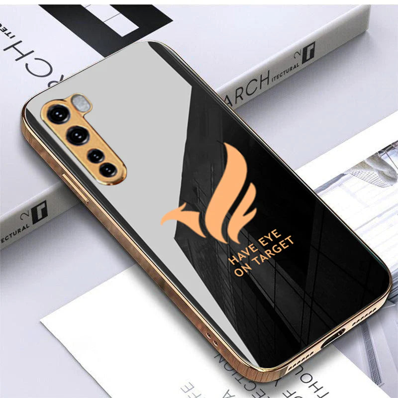 Luxury Bird Pattern Glass Back Case With Golden Edges For Oneplus Nord