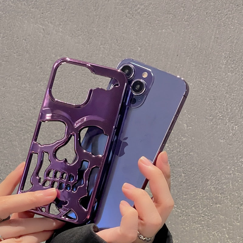 Luxury Plating 3D Metal Hollow Out Gothic Skull Hard Phone Case For iPhone 14 Series