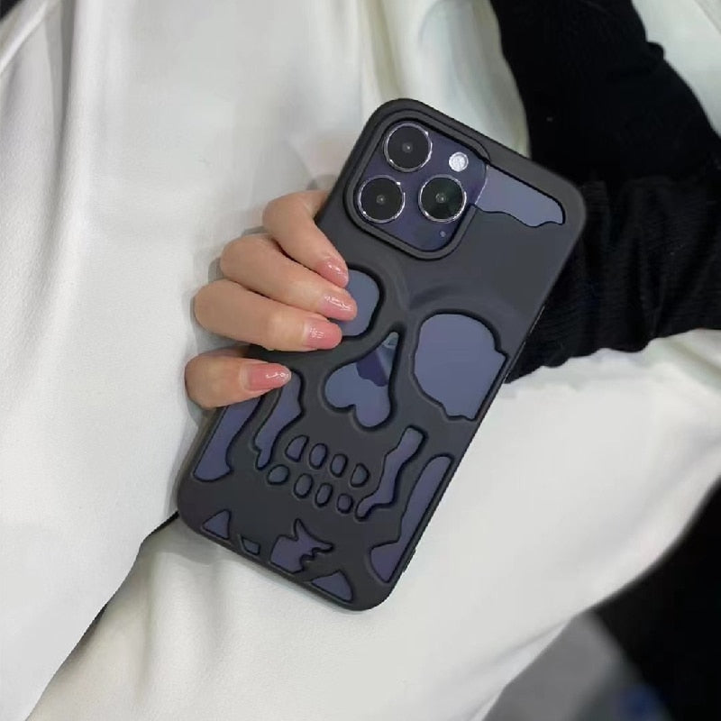 Luxury Plating 3D Metal Hollow Out Gothic Skull Hard Phone Case For iPhone 14 Series