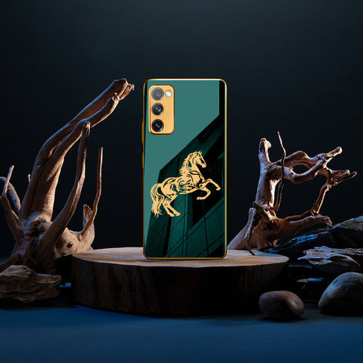 Luxury Horse Pattern Glass Back Case With Golden Edges For Samsung S20FE 5G