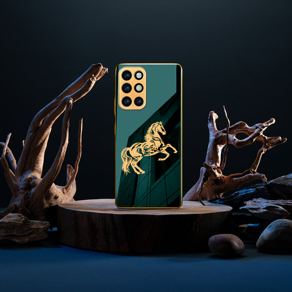 Luxury Horse Pattern Glass Back Case With Golden Edges For Oneplus 8T