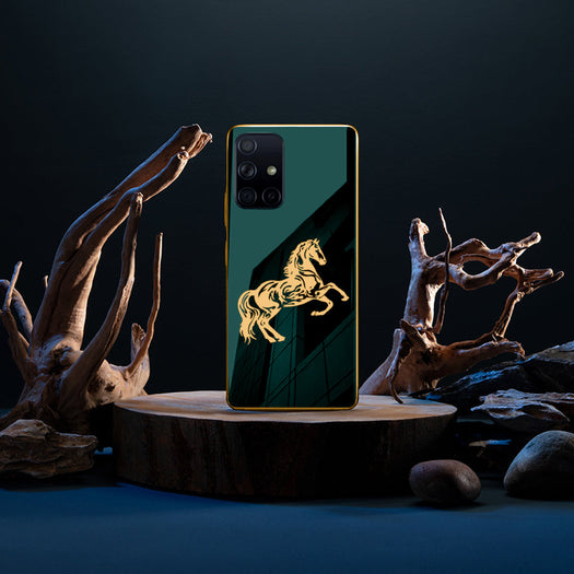 Luxury Horse Pattern Glass Back Case With Golden Edges For Samsung A71