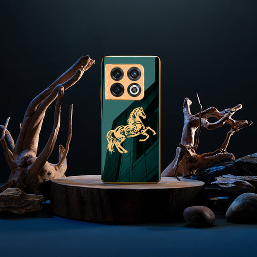 Luxury Horse Pattern Glass Back Case With Golden Edges For Oneplus 10 Pro