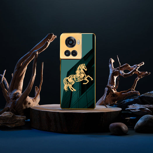 Luxury Horse Pattern Glass Back Case With Golden Edges For Oneplus 10R