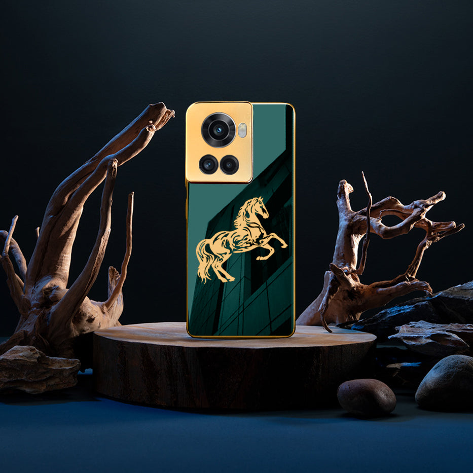 Luxury Horse Pattern Glass Back Case With Golden Edges For Oneplus 10R
