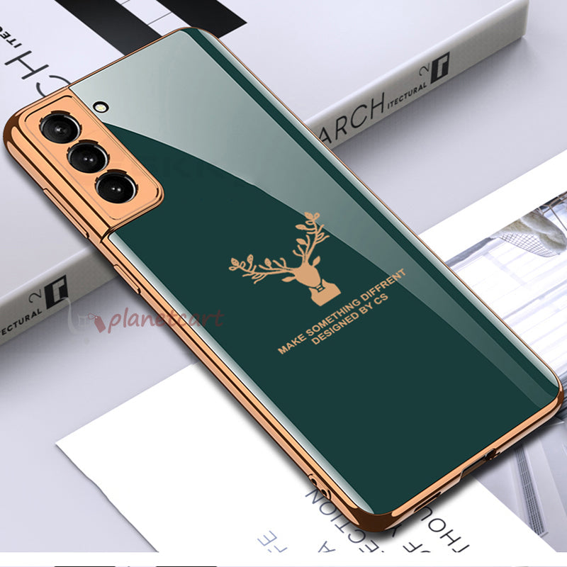 Luxury Golden Edges Deer Pattern Glass Back Case For Samsung Galaxy S21 - Premium Cases