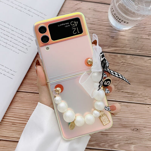 Premium luxury Cute Pearl Hand Chain Pendant Hard Laser Phone Case for Samsung Galaxy Z Flip 3