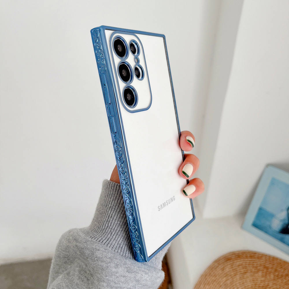 Premium Luxury 3D Flower Carved Plating Electroplated Side Frame Transparent Back Case Cover for Samsung Galaxy S22 Ultra