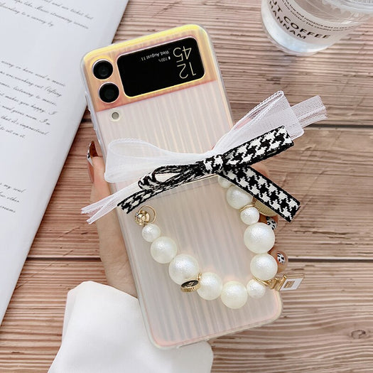 Premium luxury Cute Pearl Hand Chain Pendant Hard Laser Phone Case for Samsung Galaxy Z Flip 3