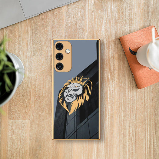 Luxury Lion Glass Back Case With Golden Edges For Samsung M52