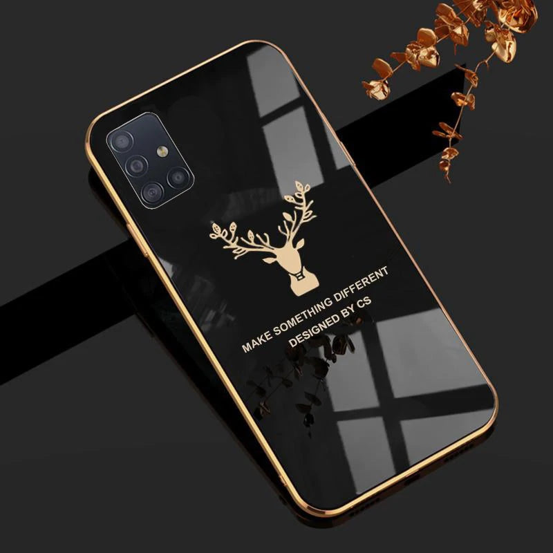 Luxury Golden Edges Deer Glass Back Case For Samsung Series - Premium Cases