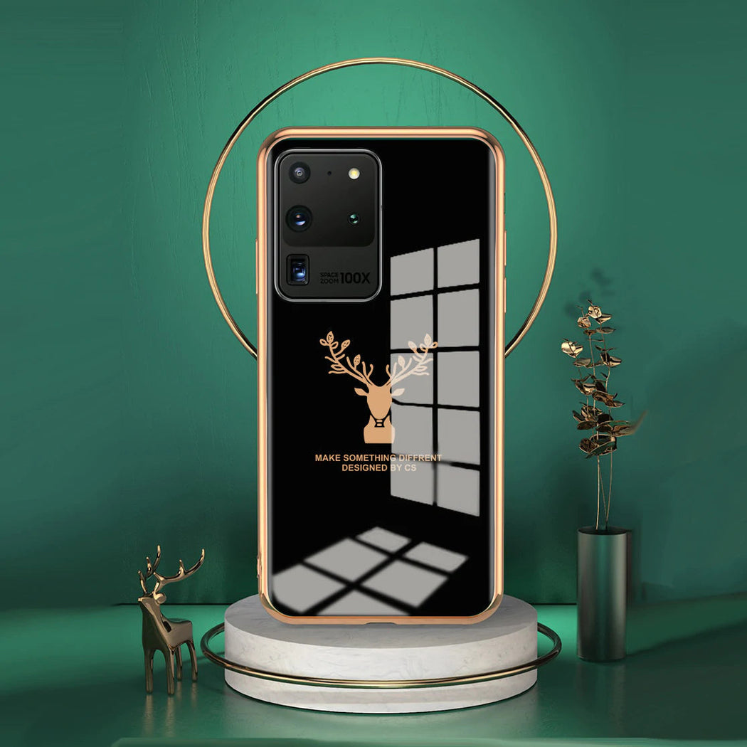 Luxury Golden Edges Deer Glass Back Case For Samsung Series - Premium Cases