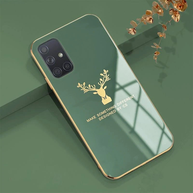 Luxury Golden Edges Deer Glass Back Case For Samsung Series - Premium Cases