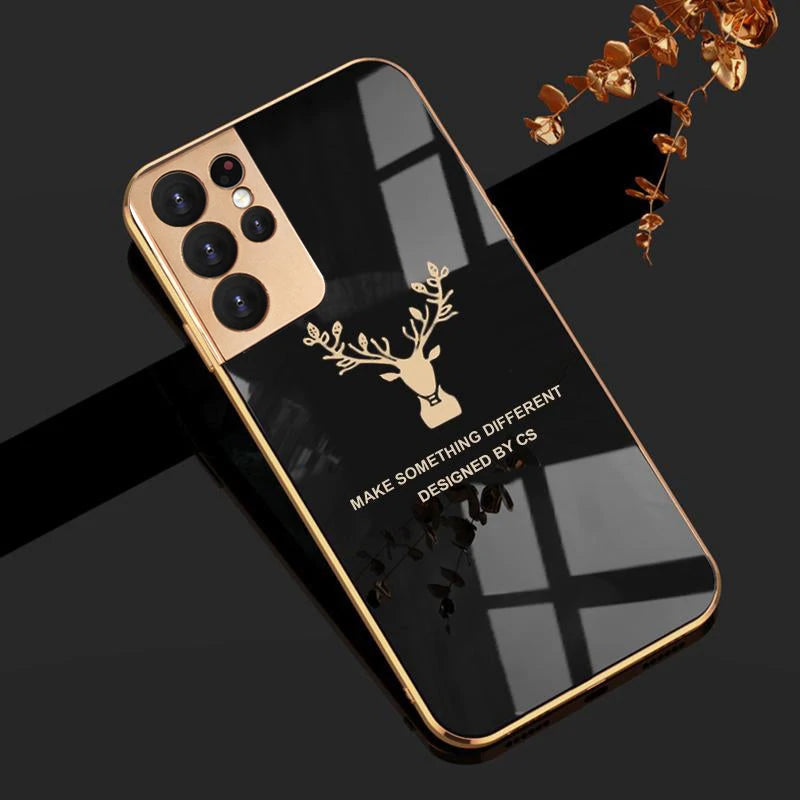 Luxury Golden Edges Deer Glass Back Case For Samsung Series - Premium Cases