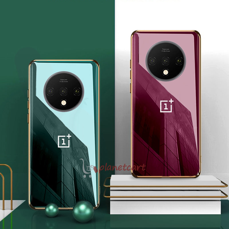 Luxury Glossy Gold Edge Glass Back Case For Oneplus 7T