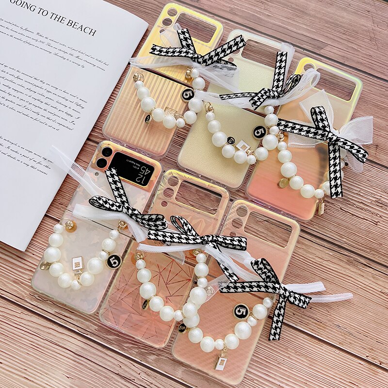 Premium luxury Cute Pearl Hand Chain Pendant Hard Laser Phone Case for Samsung Galaxy Z Flip 3