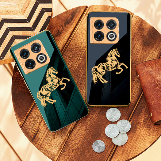 Luxury Horse Pattern Glass Back Case With Golden Edges For Oneplus