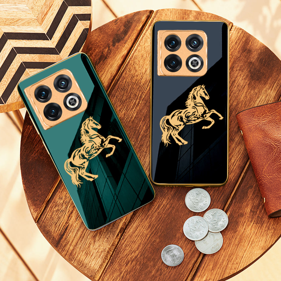 Luxury Horse Pattern Glass Back Case With Golden Edges For Oneplus