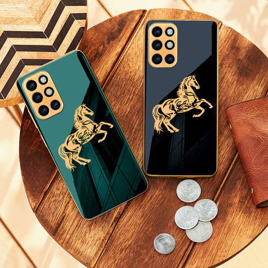 Luxury Horse Pattern Glass Back Case With Golden Edges For Oneplus 9R