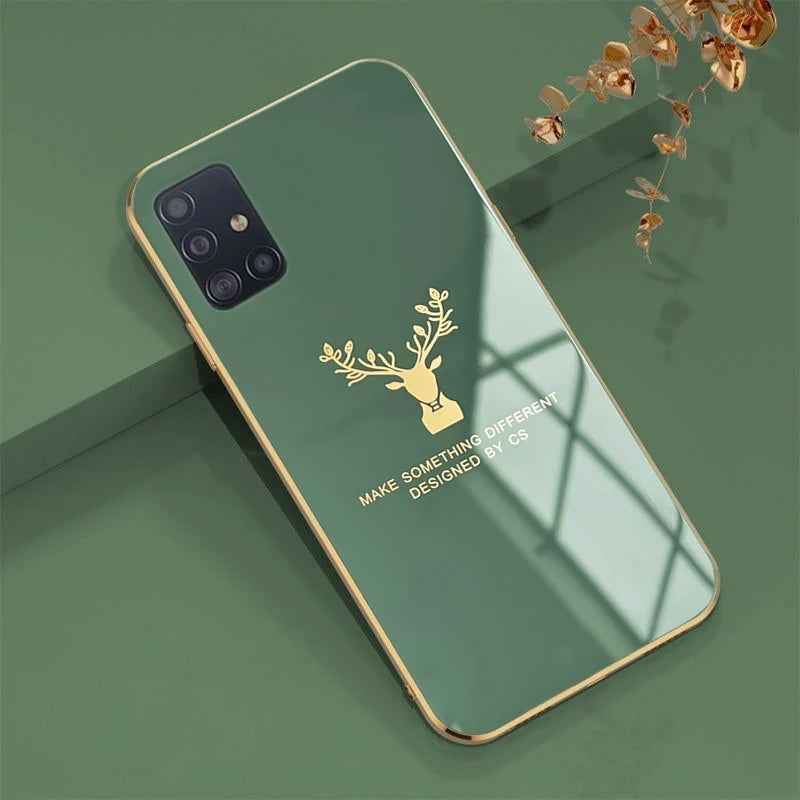 Luxury Golden Edges Deer Glass Back Case For Samsung Series - Premium Cases