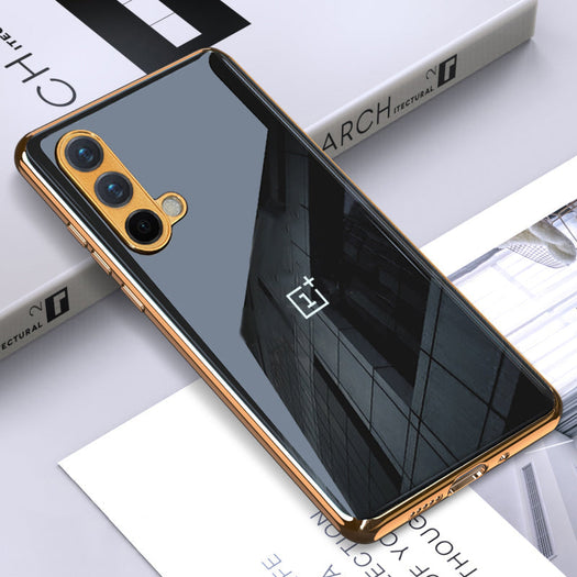 Luxury Glossy Gold Edge Glass Back Case For Oneplus Nord Ce