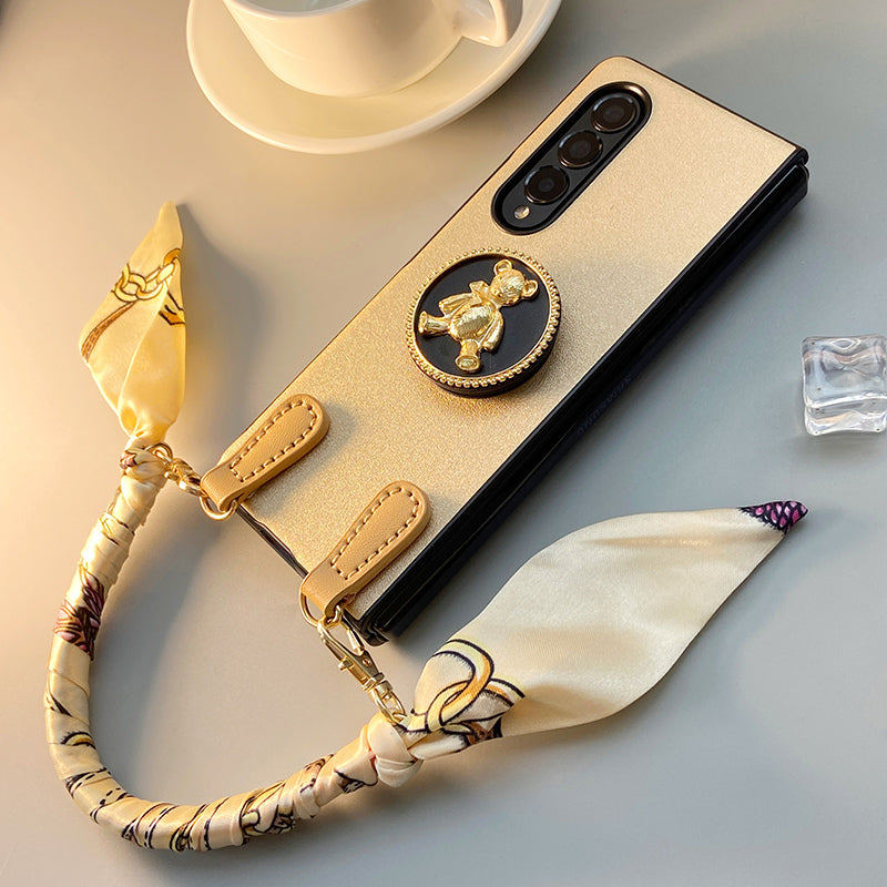 Luxury Printed Scarf Chain Bracelet And Chain Bear case for Samsung Galaxy Z Fold 4