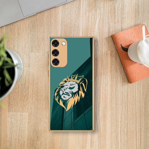 Luxury Premium Glass Lion Back Case With Golden Edges For Samsung S20 Fe