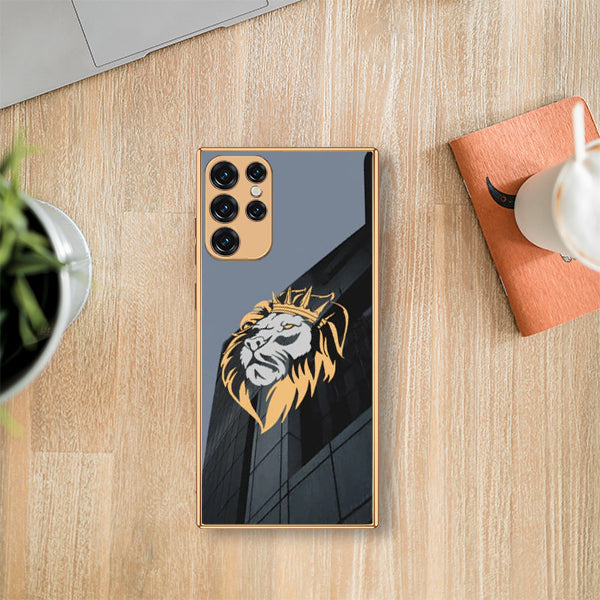 Luxury Lion Glass Back Case With Golden Edges For Samsung