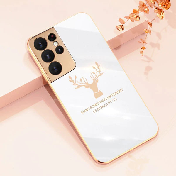Luxury Golden Edges Deer Glass Back Case For Samsung Series - Premium Cases