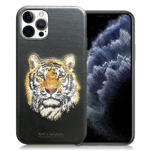 Santa Barbara Savana Series Tiger Emboidery Genuine Leather Case For iPhone 13 Pro Max - planetcartonline